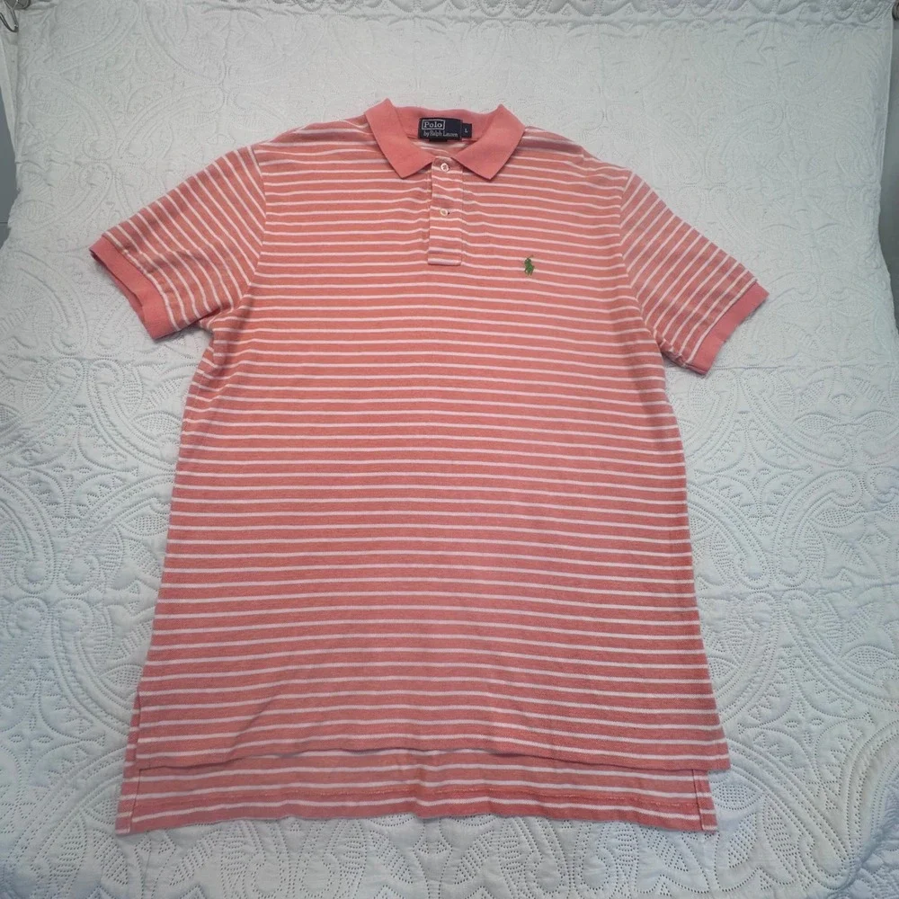 Polo Ralph Lauren Mens Large Pink White Striped Short Sleeve Pique Polo Shirt